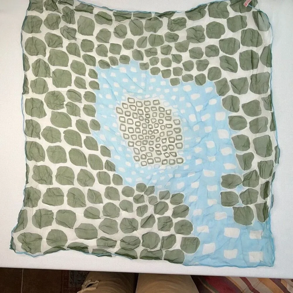 Silk Scarf Neckerchief Square Blue and Green Made in Japan